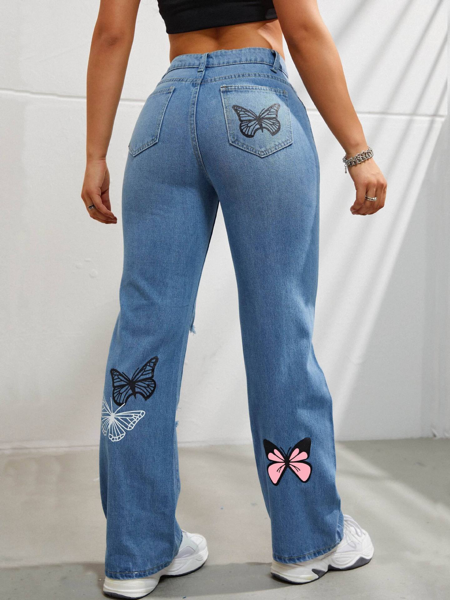 Jean Taille Haute à Imprimé Papillon & Effet Usé
