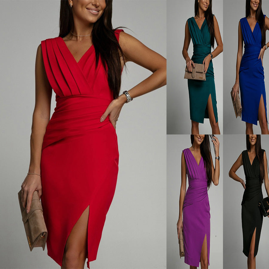 Robe Fendue Élégante à Col V et Taille Haute