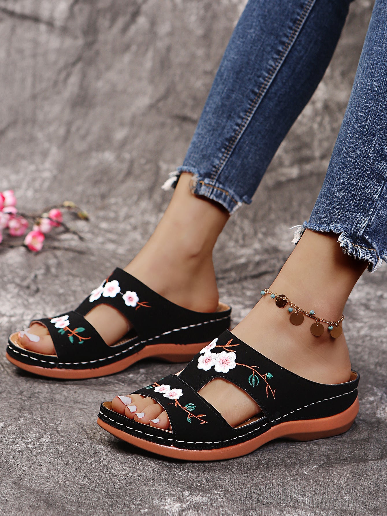 Sandales Fleur à Talon Compensé Grande Taille