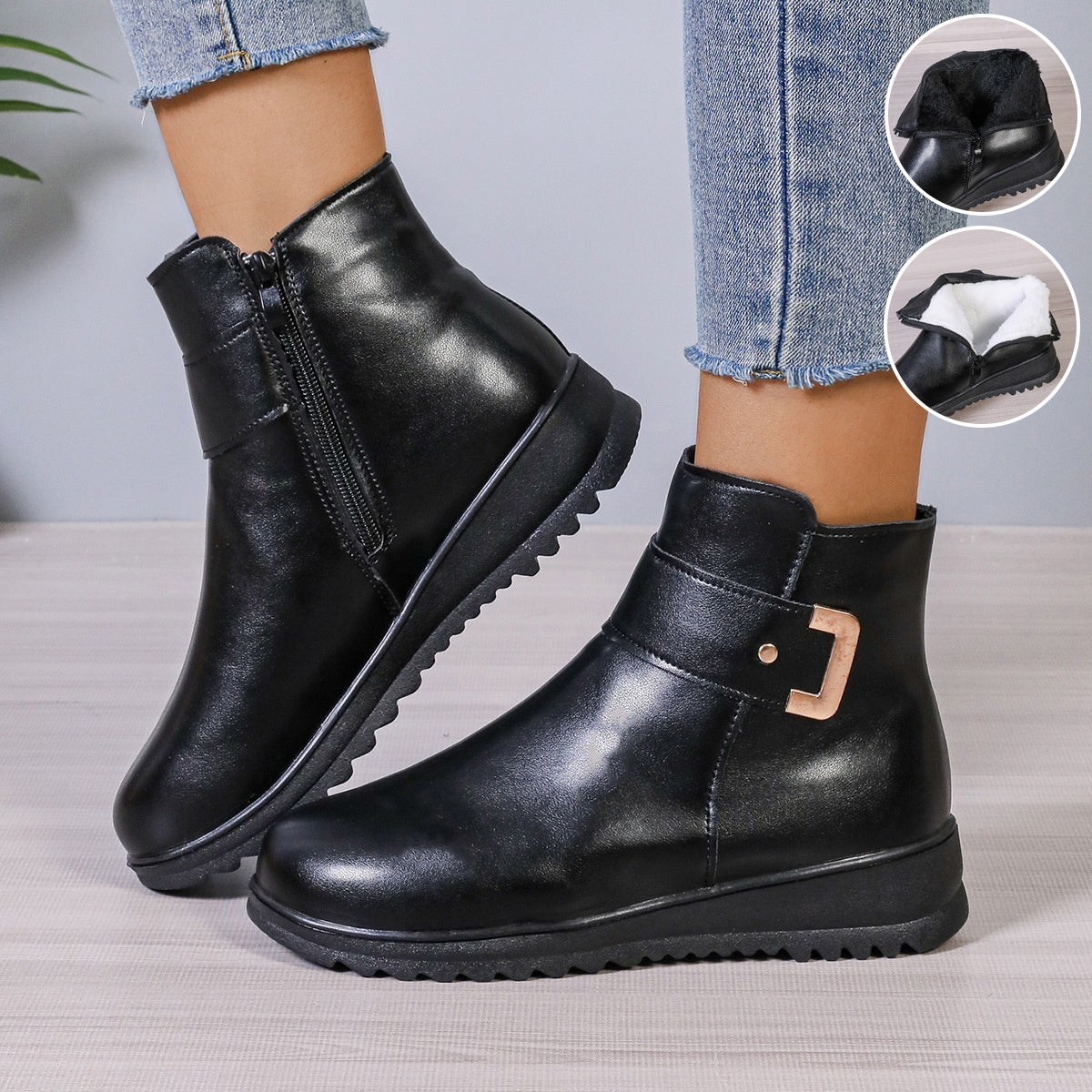 Bottines Hiver à Fermeture Éclair et Cuir PU