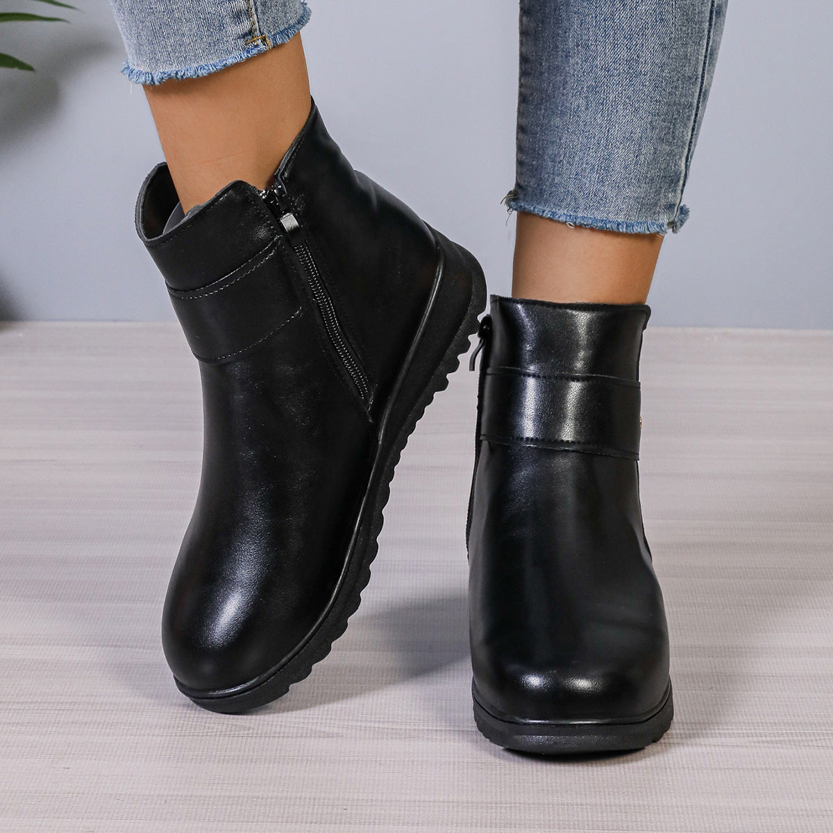 Bottines Hiver à Fermeture Éclair et Cuir PU
