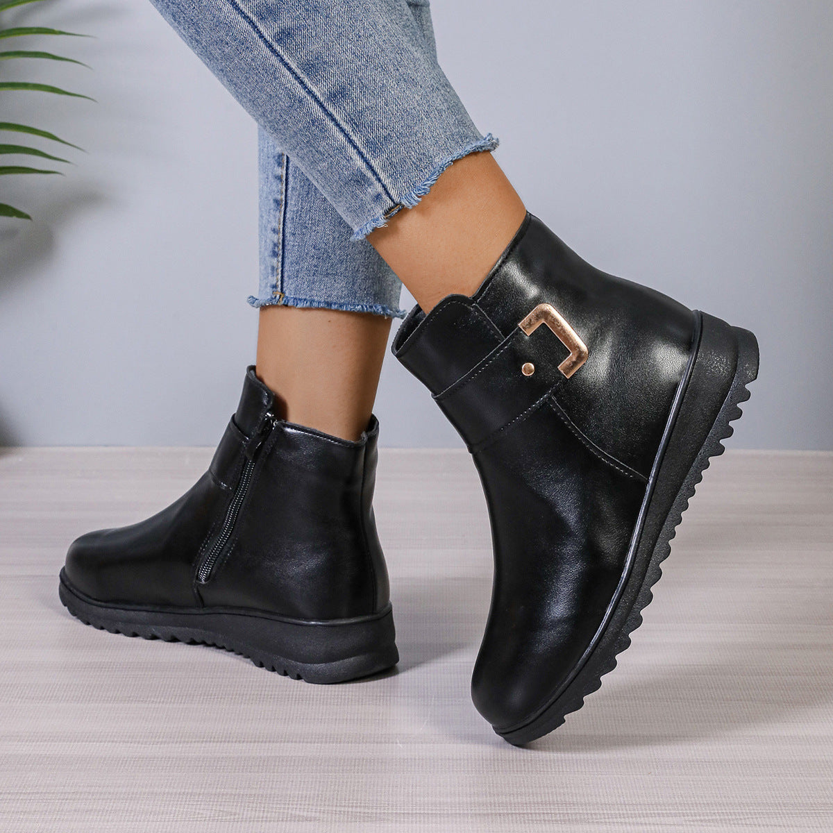 Bottines Hiver à Fermeture Éclair et Cuir PU