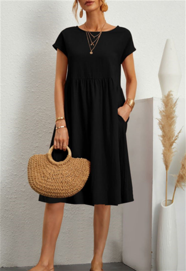 Robe en Coton à Col Rond et Jupe A-Line pour Femme
