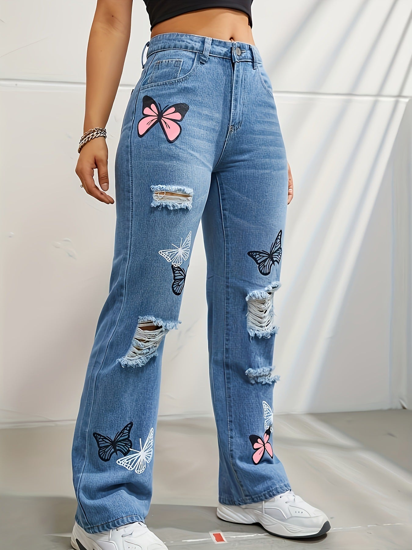 Jean Taille Haute à Imprimé Papillon & Effet Usé