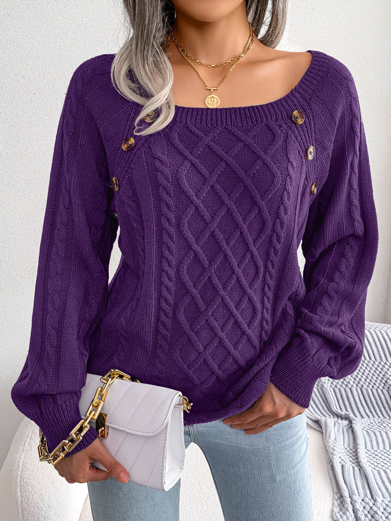 Léna Douceur Élégante - Pull Tricot à Col Carré