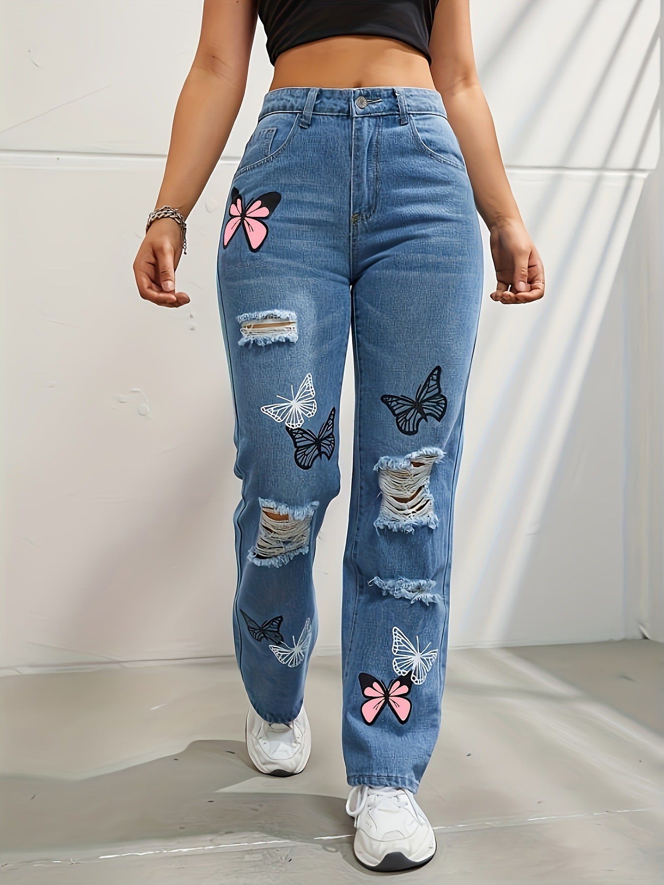 Jean Taille Haute à Imprimé Papillon & Effet Usé