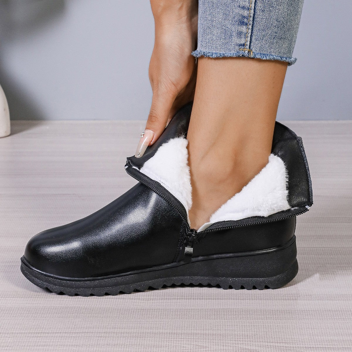 Bottines Hiver à Fermeture Éclair et Cuir PU