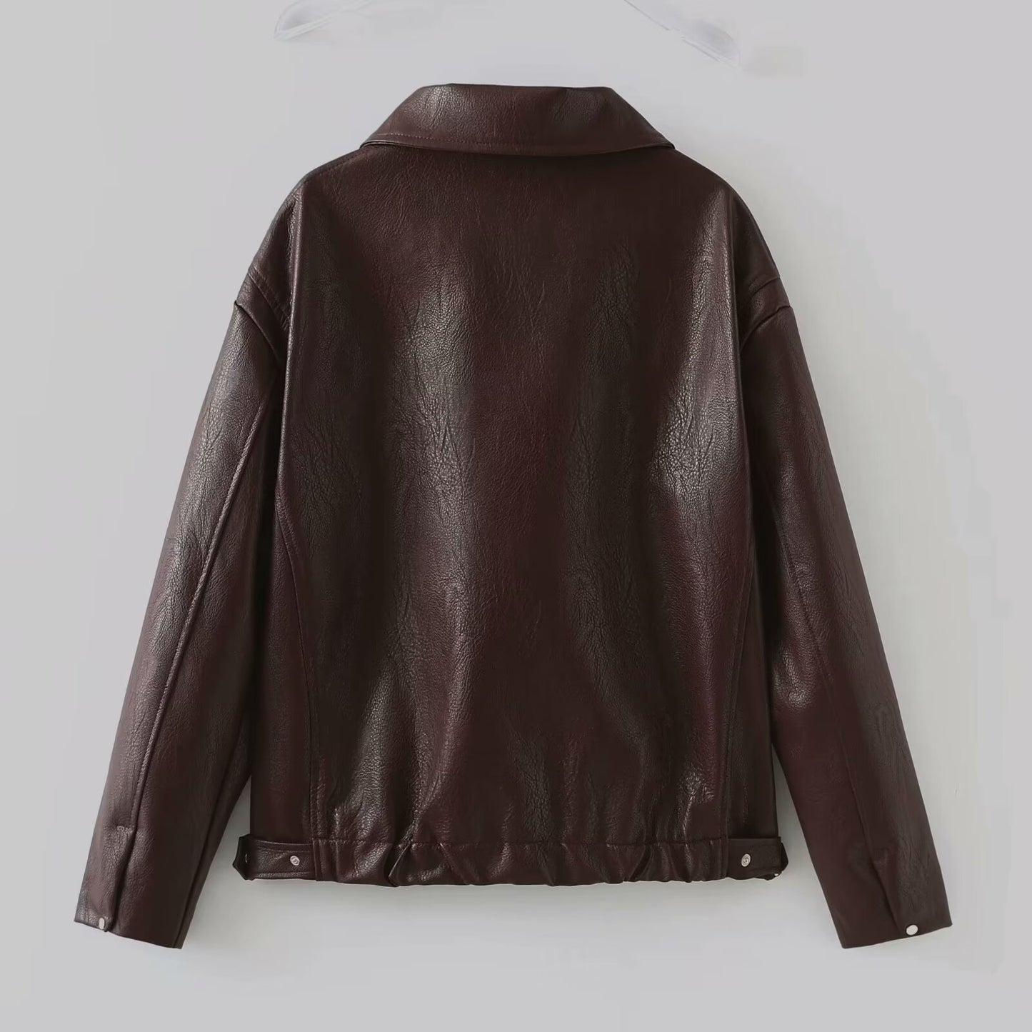 Veste en Cuir à Col Revers et Fermeture Éclair pour Femme