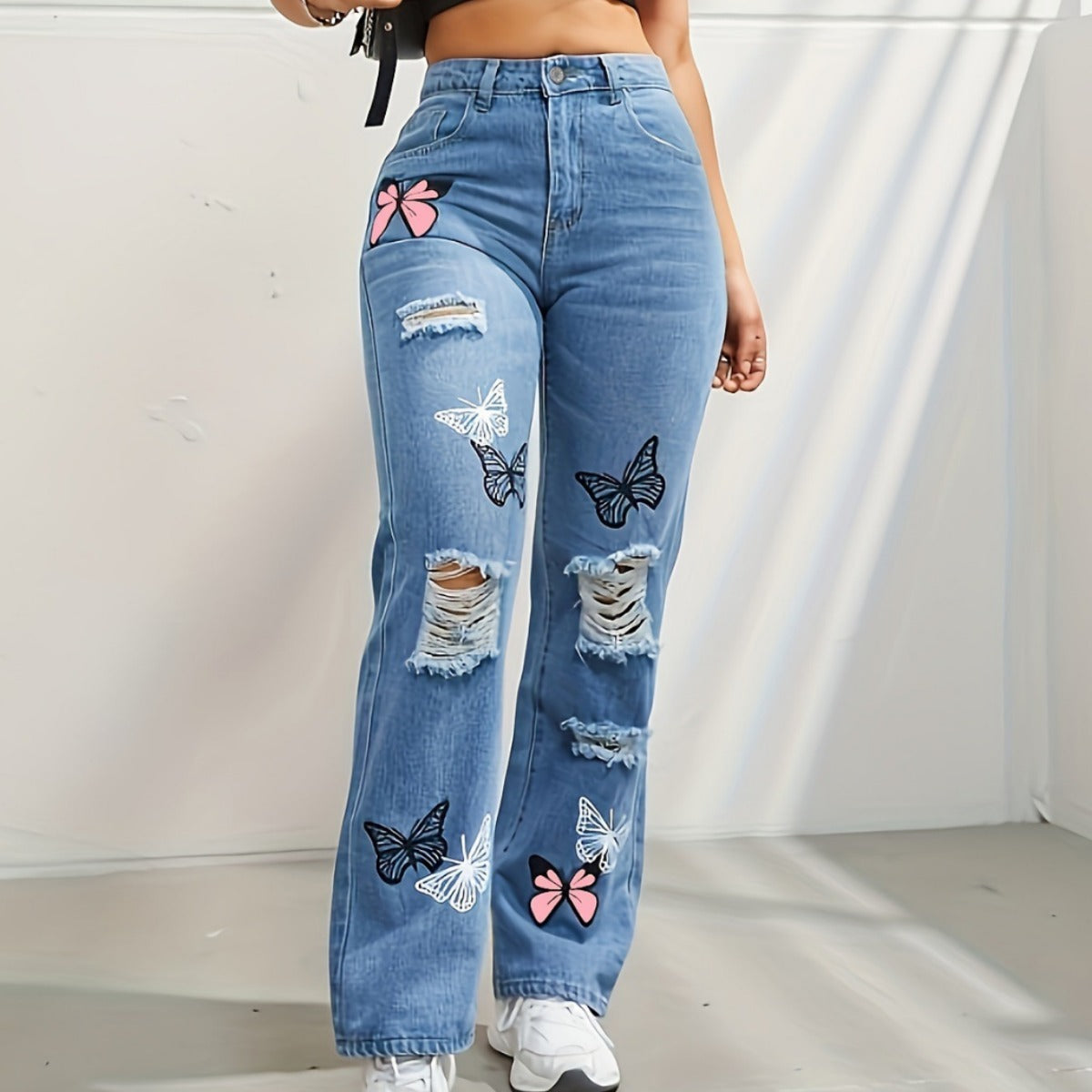 Jean Taille Haute à Imprimé Papillon & Effet Usé