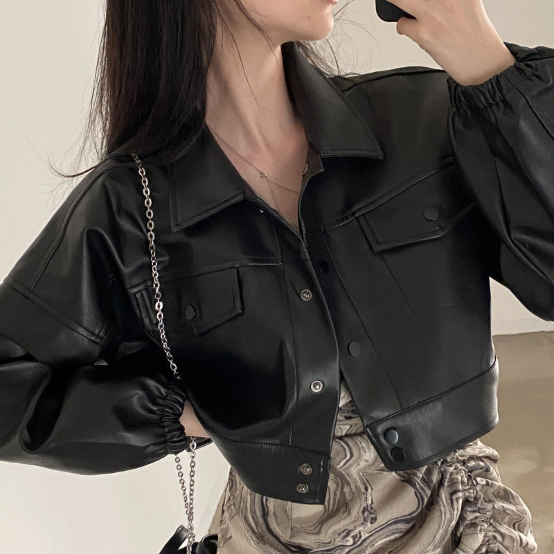 Manteau en Cuir Chic à Col Revers et Poches