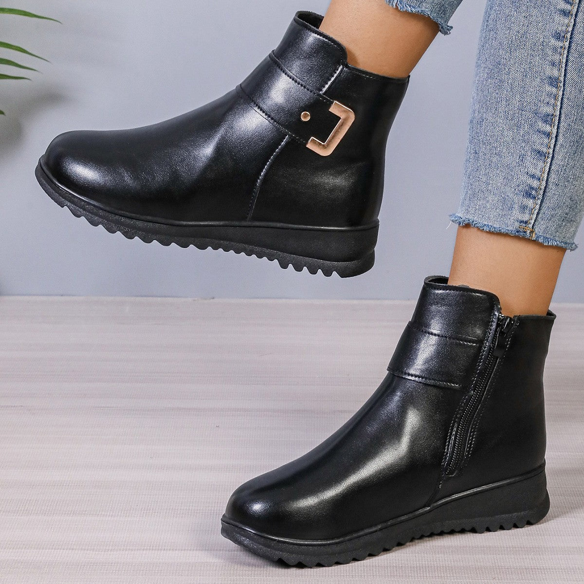 Bottines Hiver à Fermeture Éclair et Cuir PU