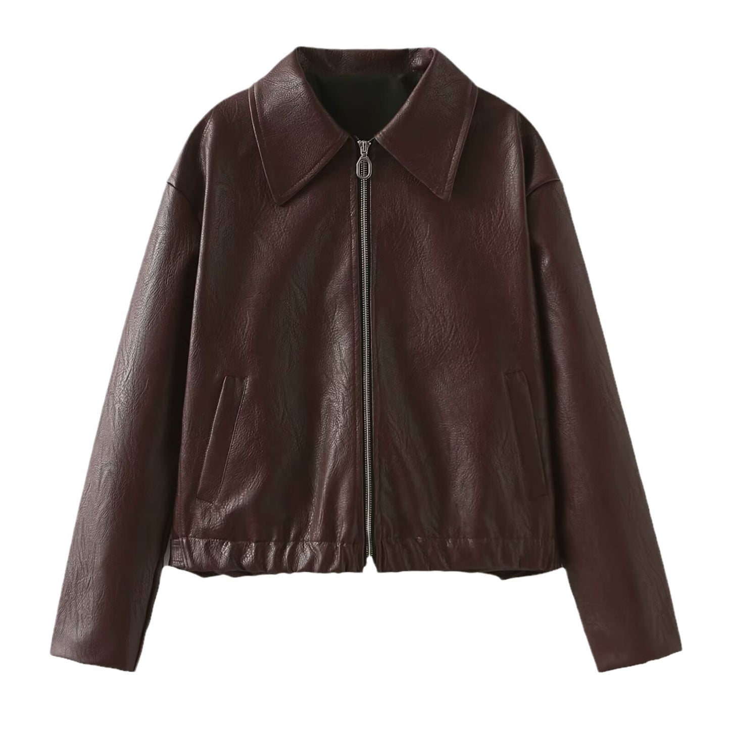 Veste en Cuir à Col Revers et Fermeture Éclair pour Femme