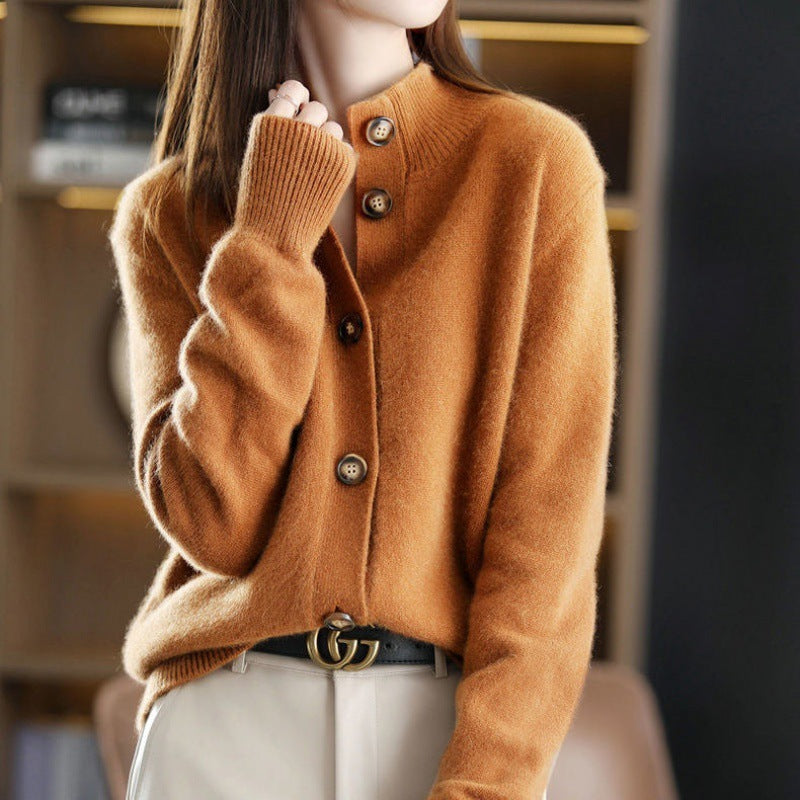 Cardigan Tricoté à Col Montant Rétro pour Femme
