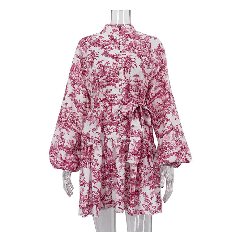 Robe Courte Élégante à Imprimé Artistique et Manches Bouffantes