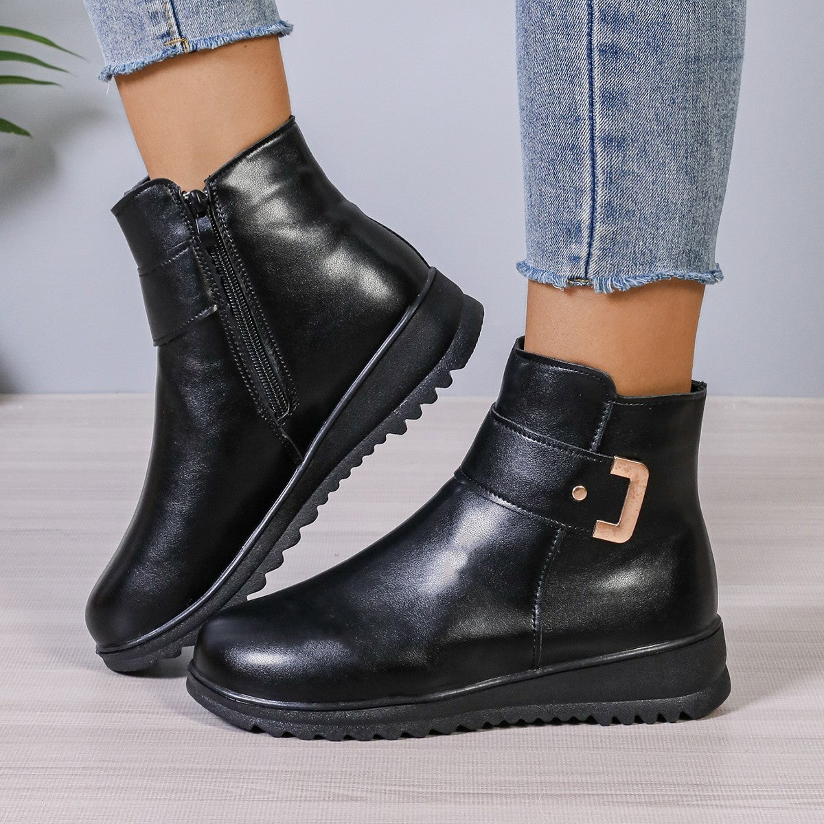 Bottines Hiver à Fermeture Éclair et Cuir PU