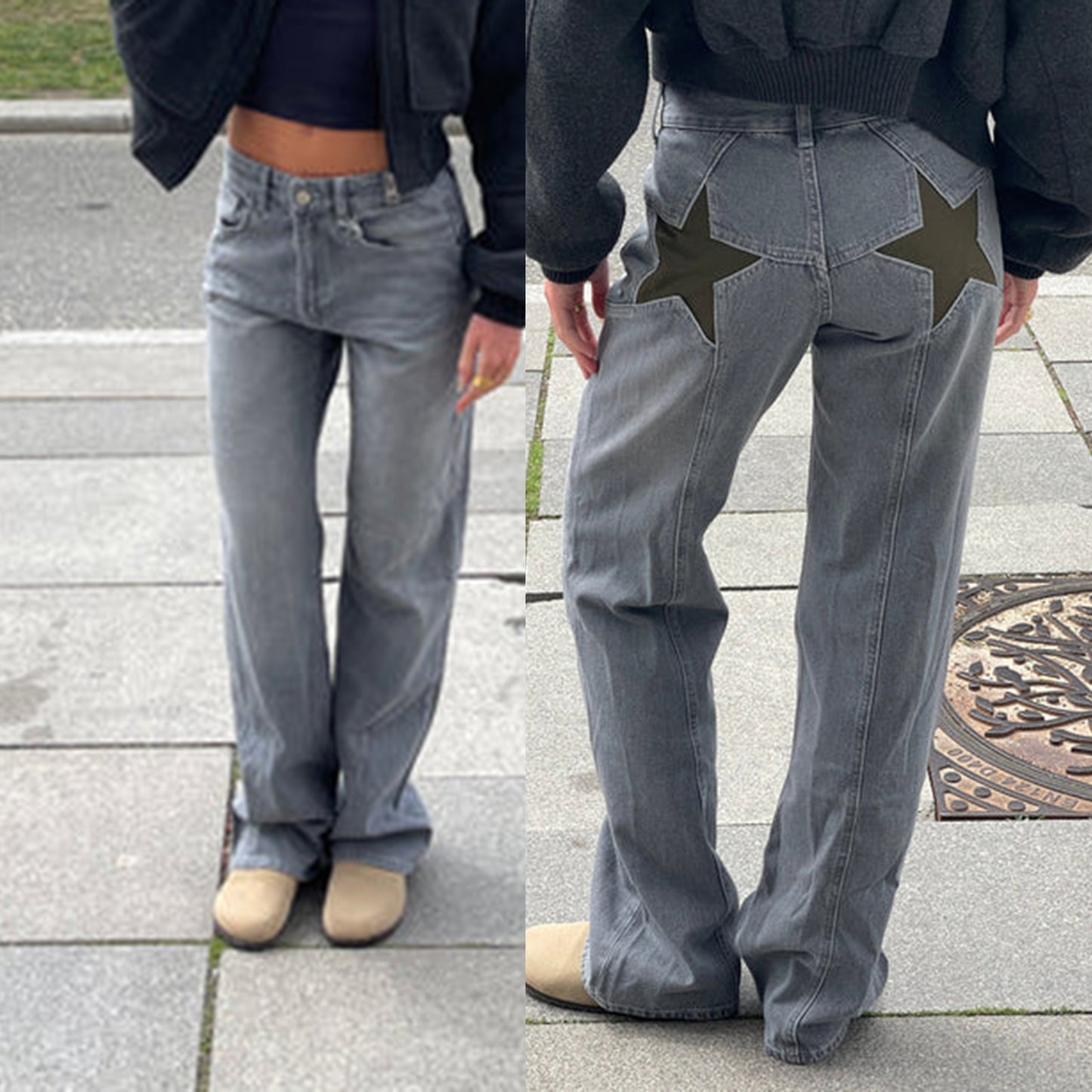 Pantalon Casual Rétro à Patchwork et Étoile à Cinq Branches