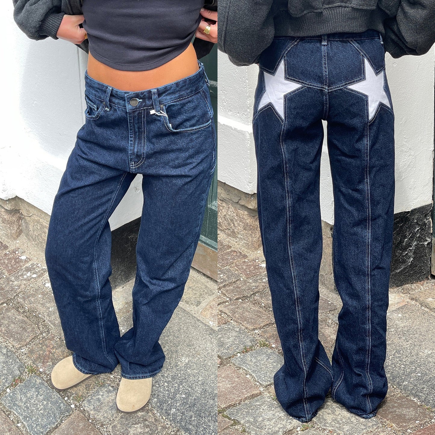 Pantalon Casual Rétro à Patchwork et Étoile à Cinq Branches