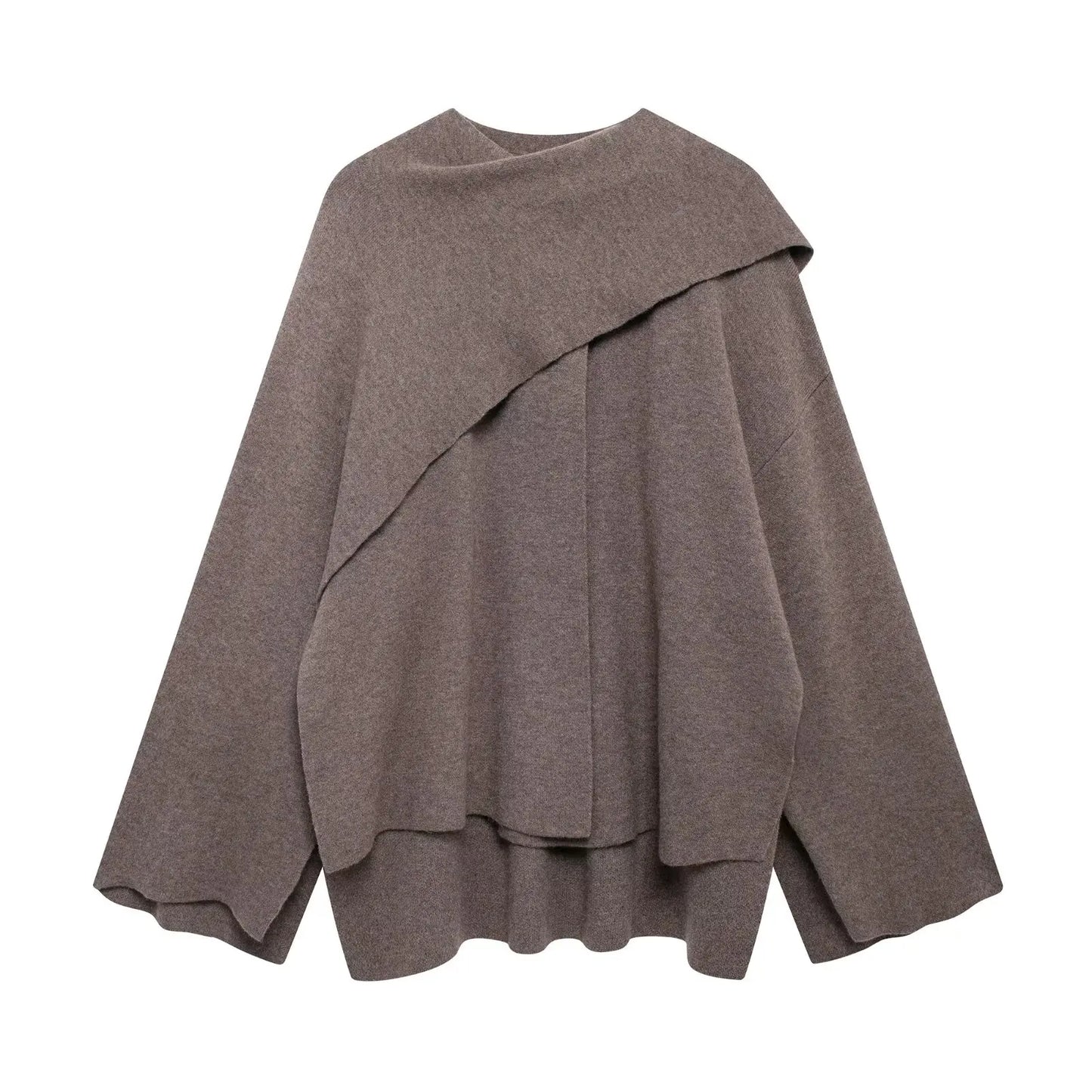 Manteau Tricoté Asymétrique avec Écharpe – Chic et Élégance d'Hiver
