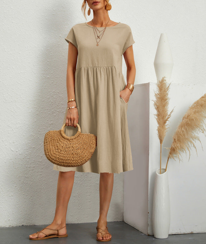 Robe en Coton à Col Rond et Jupe A-Line pour Femme