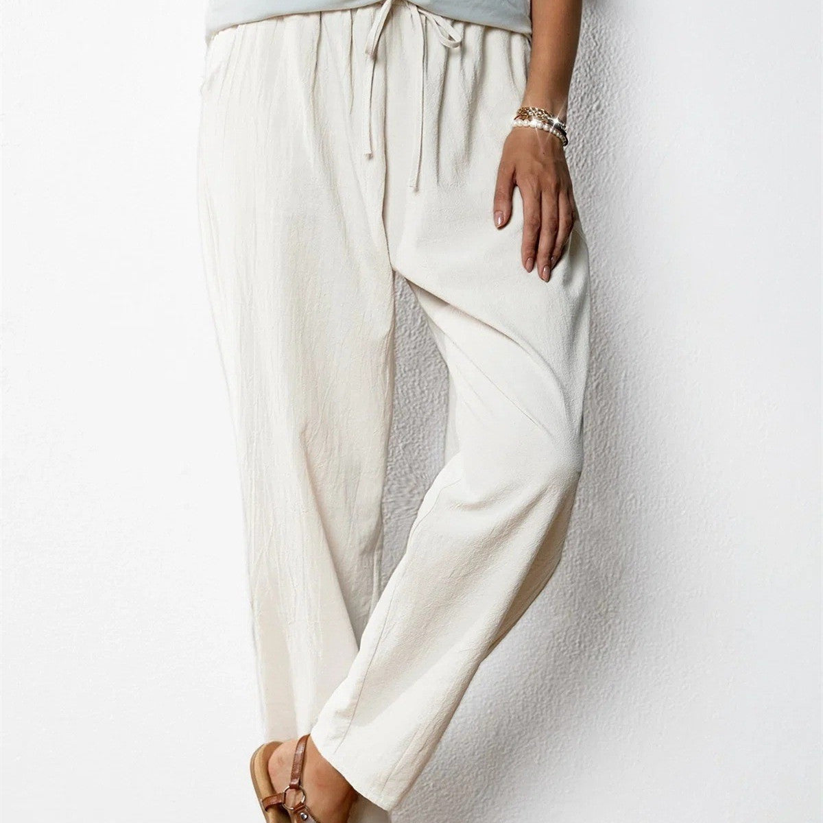 Pantalon Décontracté en Coton et Lin, Taille Élastique Femme