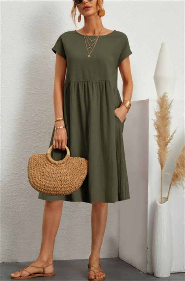 Robe en Coton à Col Rond et Jupe A-Line pour Femme