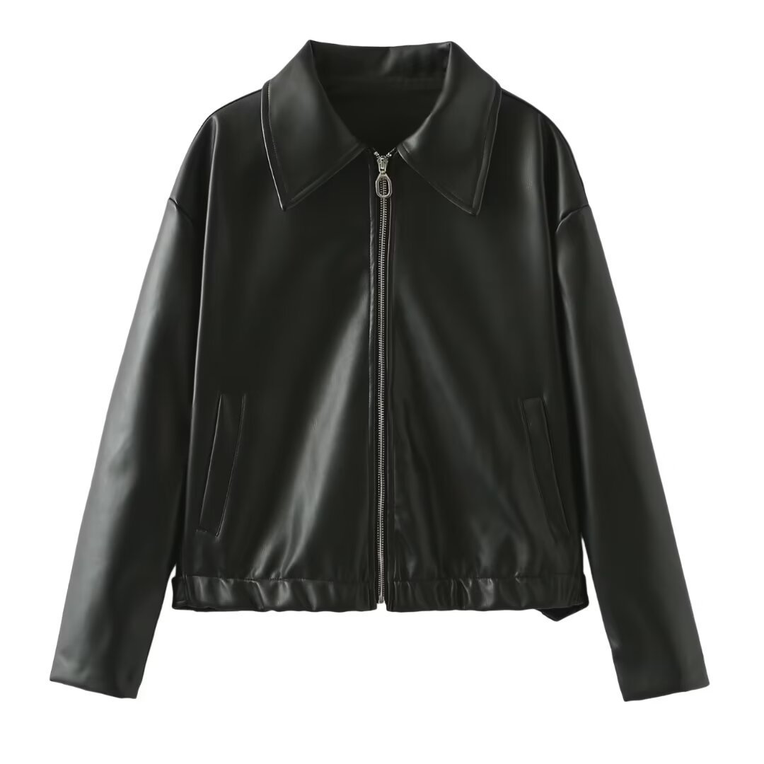 Veste en Cuir à Col Revers et Fermeture Éclair pour Femme