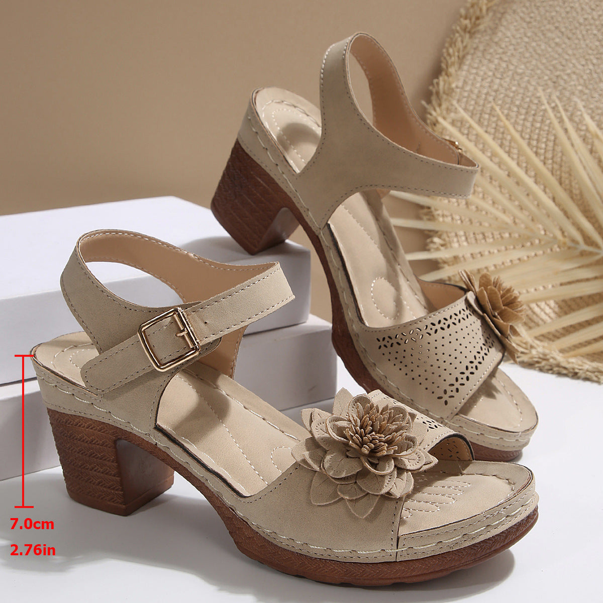 Sandales à Talon Épais avec Fleurs