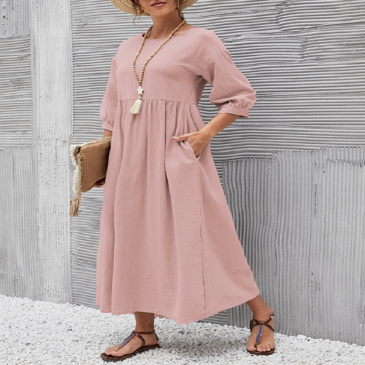 Robe en Coton à Col Rond et Jupe A-Line pour Femme
