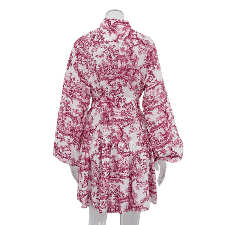 Robe Courte Élégante à Imprimé Artistique et Manches Bouffantes