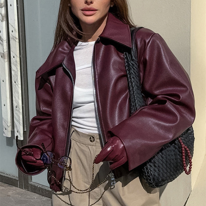 Veste en Cuir à Col Revers et Fermeture Éclair pour Femme