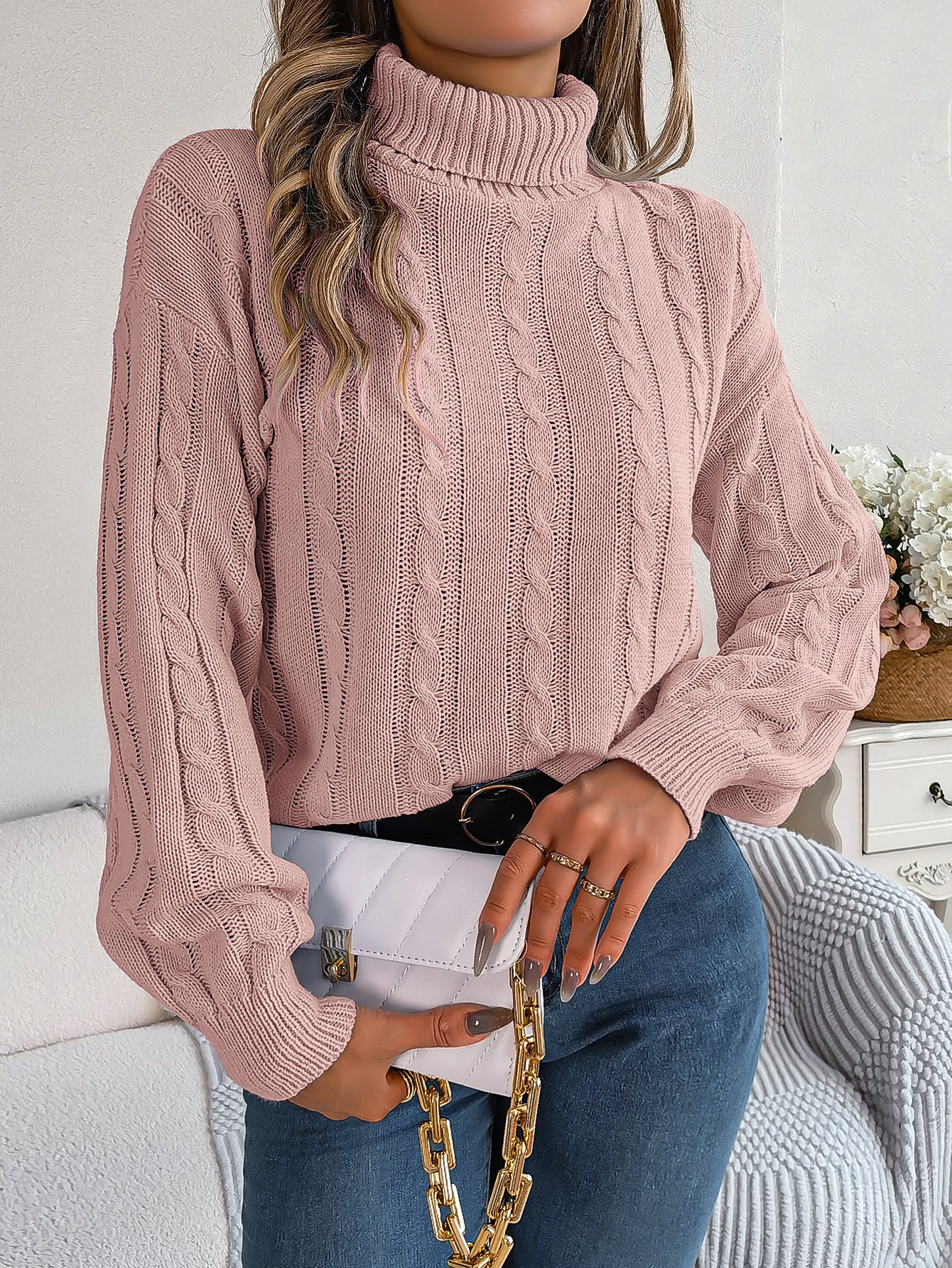 Pull col roulé uni à manches longues – Élégance et confort