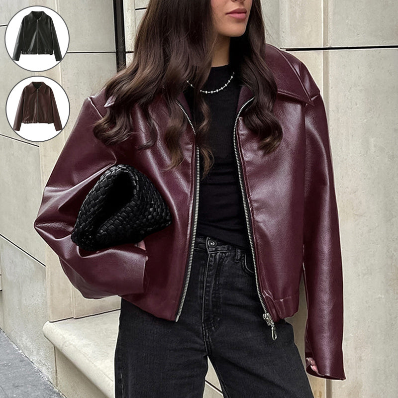 Veste en Cuir à Col Revers et Fermeture Éclair pour Femme