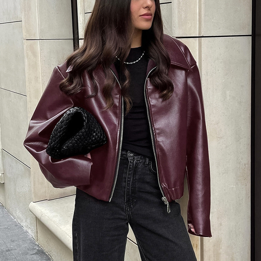Veste en Cuir à Col Revers et Fermeture Éclair pour Femme