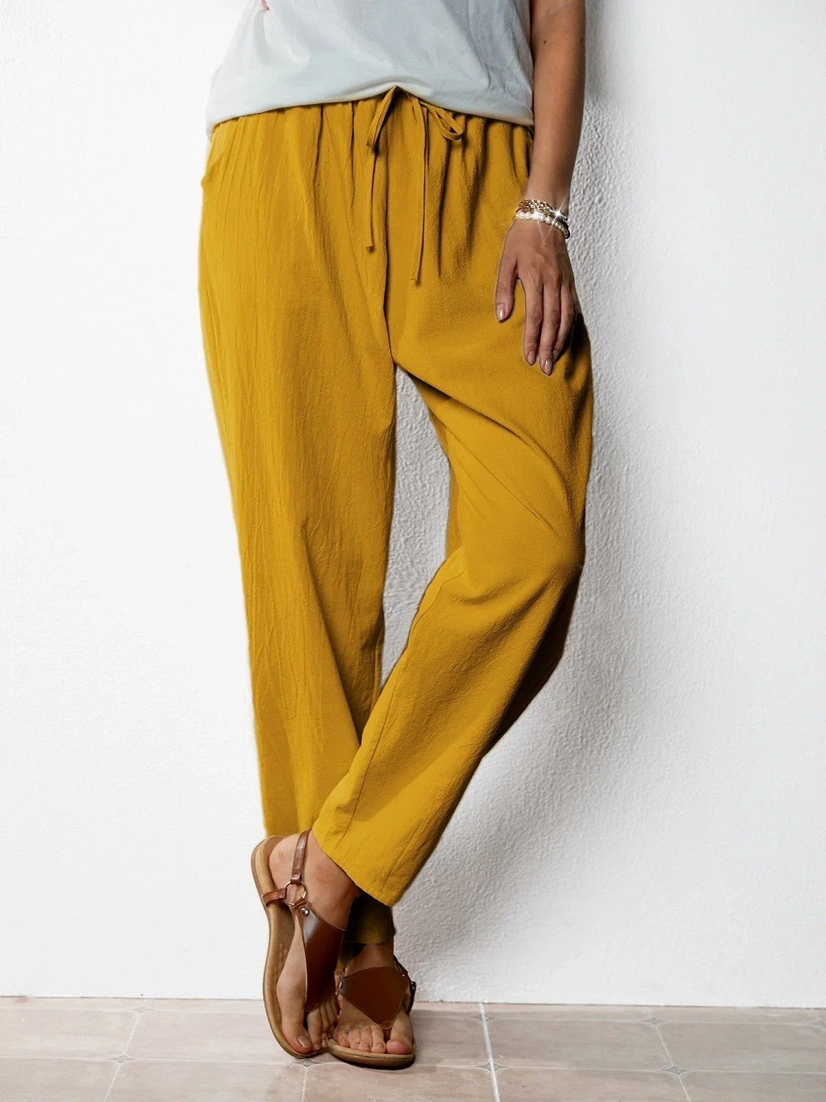 Pantalon Décontracté en Coton et Lin, Taille Élastique Femme