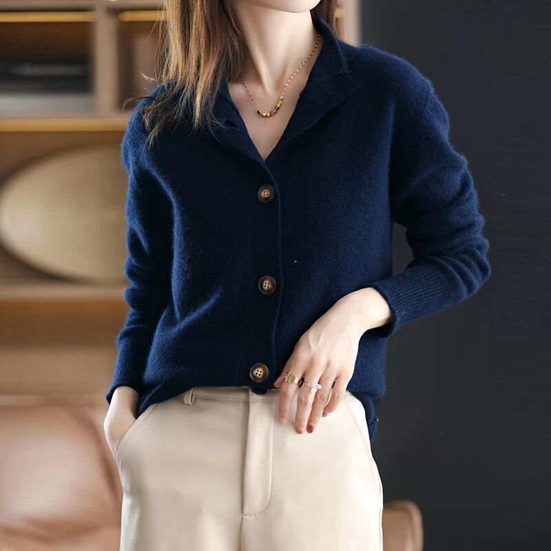 Cardigan Tricoté à Col Montant Rétro pour Femme