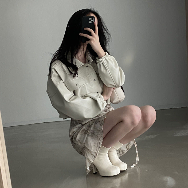 Manteau en Cuir Chic à Col Revers et Poches
