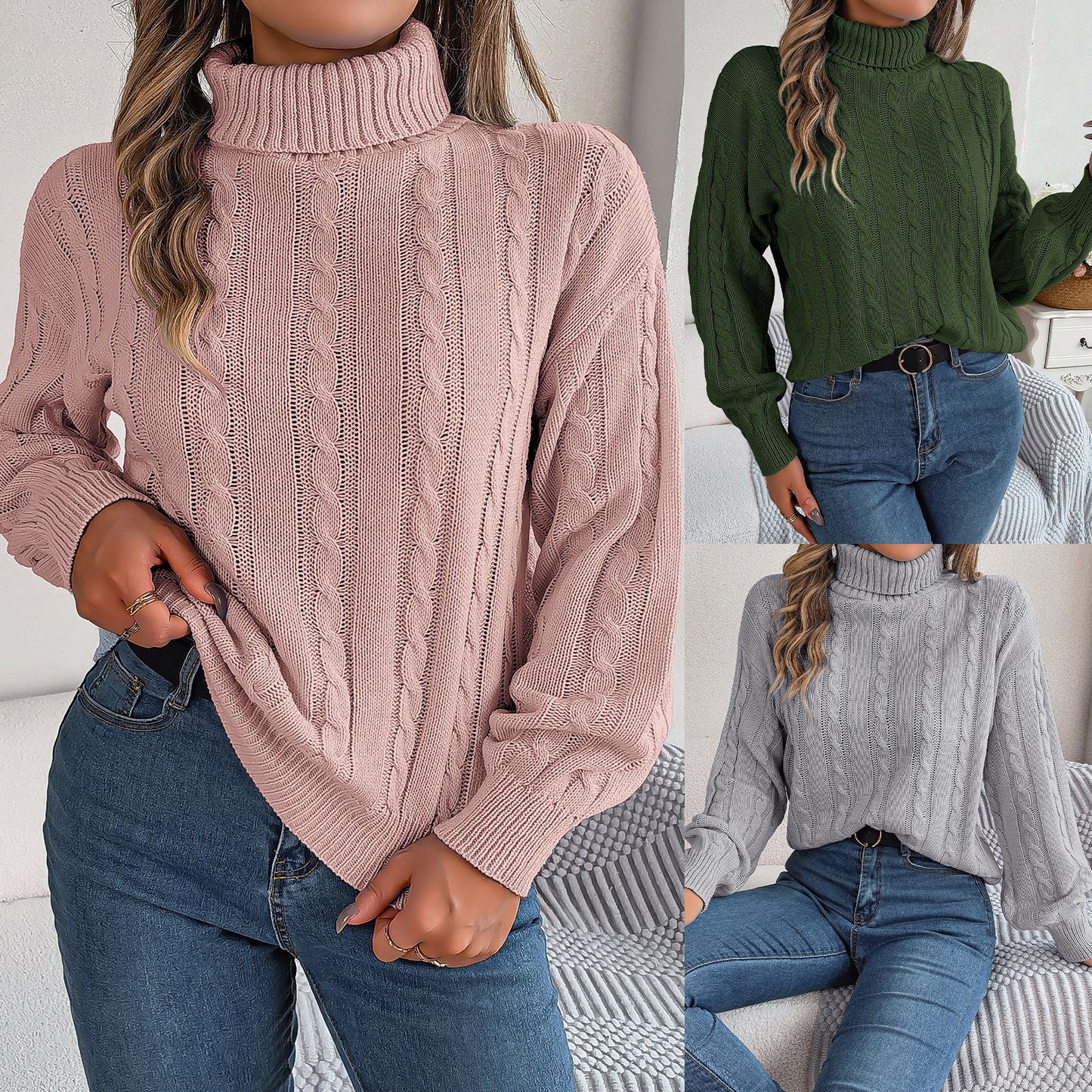 Pull col roulé uni à manches longues – Élégance et confort