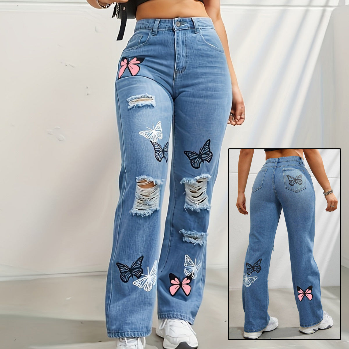 Jean Taille Haute à Imprimé Papillon & Effet Usé
