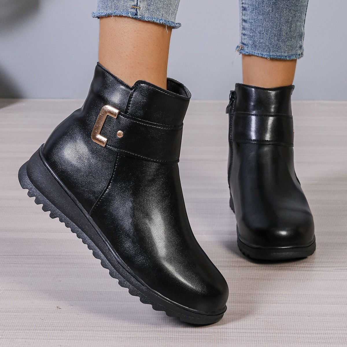 Bottines Hiver à Fermeture Éclair et Cuir PU