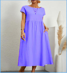 Robe en Coton à Col Rond et Jupe A-Line pour Femme
