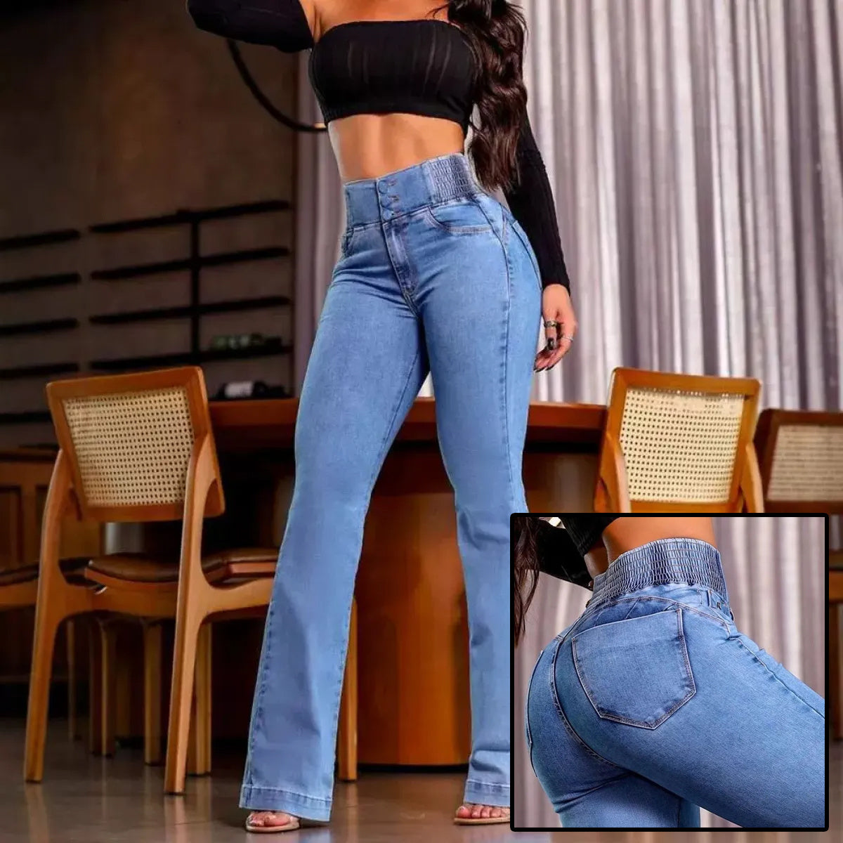 Jean Taille Haute à Boutons et Fronces Dos