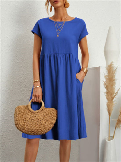 Robe en Coton à Col Rond et Jupe A-Line pour Femme