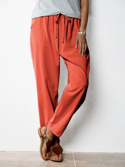 Pantalon Décontracté en Coton et Lin, Taille Élastique Femme