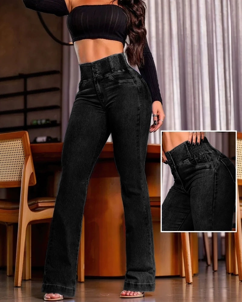 Jean Taille Haute à Boutons et Fronces Dos