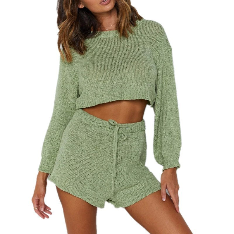 Independent station hot autumn and winter sweater long sleeve suit Amazon cross-border new home solid color shorts two-piece suit
