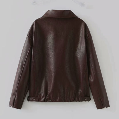 Veste en Cuir à Col Revers et Fermeture Éclair pour Femme