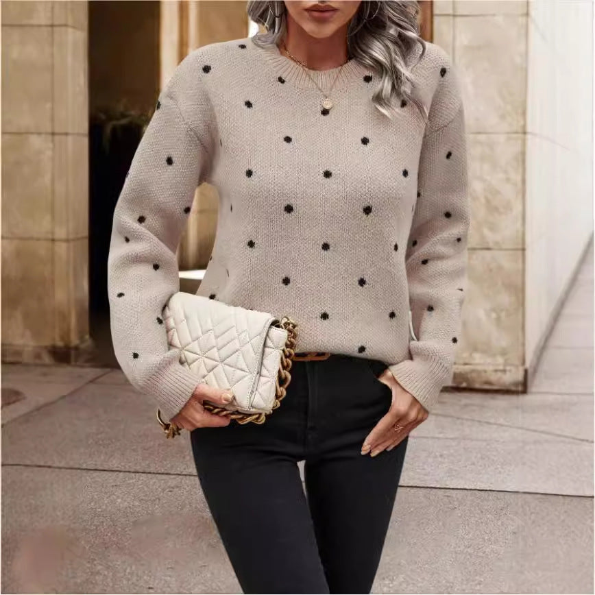 Pull Jacquard à Pois avec Col Rond Élégant