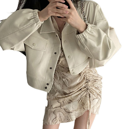 Manteau en Cuir Chic à Col Revers et Poches