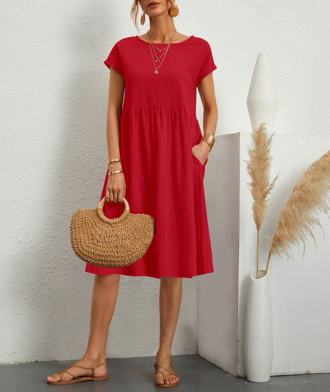 Robe en Coton à Col Rond et Jupe A-Line pour Femme