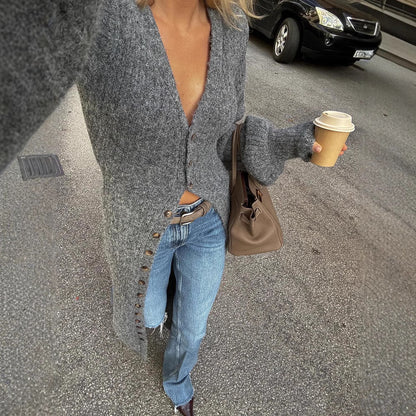 Cardigan Long en Maille Grise Décontracté